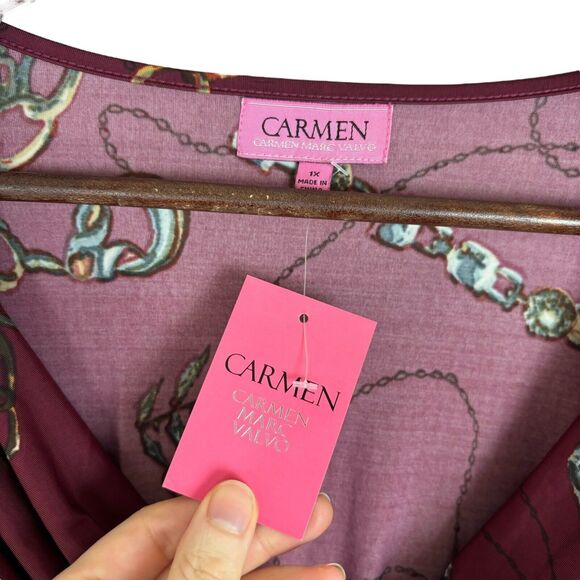 NWT Carmen Marc Valvo Burgundy Red Chain Print Top Silky Shirt Women's 1X - Picture 2 of 6